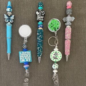 Handcrafted Badge Reel & Pen Set - Blue, Teal, Pink